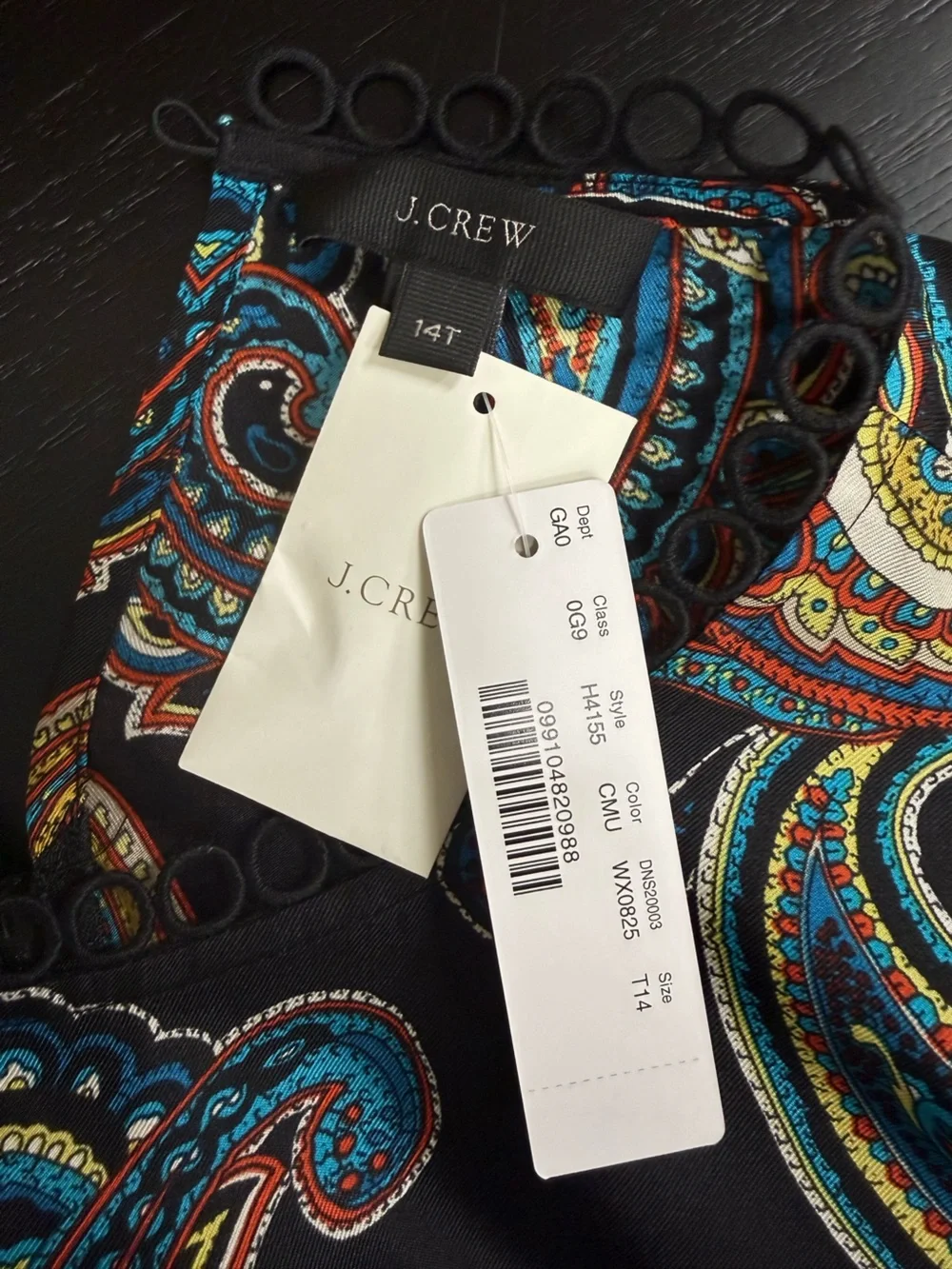 J. Crew 100% Black Paisley-Print Long Sleeve Blouse Scallop Trim
